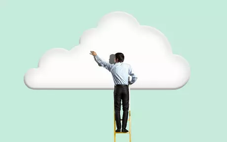 men using stairs to climb to white cloud