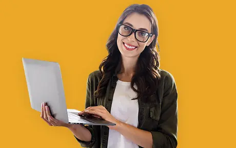 A smiling professional with glasses holds a silver laptop against a bold mustard yellow background, symbolizing technology and productivity in a clean, minimalist design