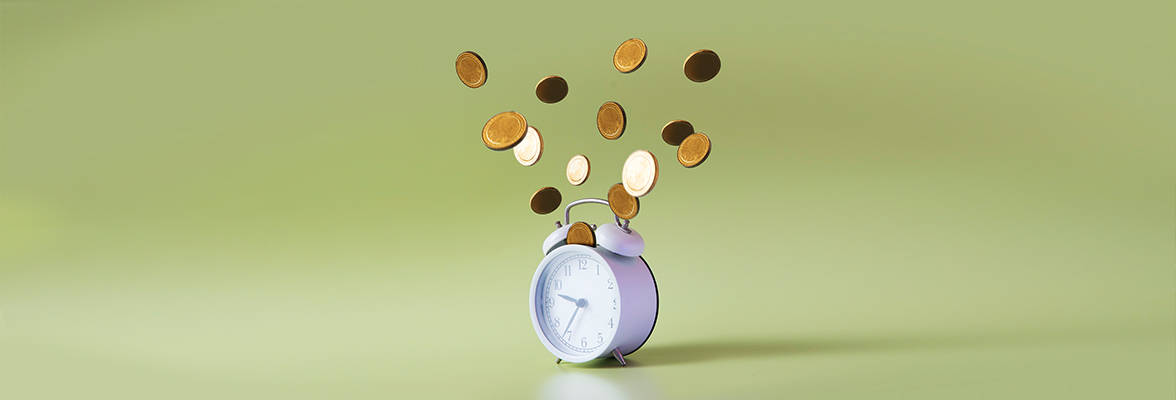 Coins floating above a classic alarm clock against a soft green background.