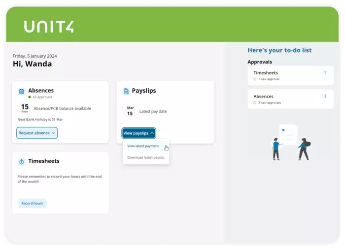 Employee self-service home page in Unit4 HCM