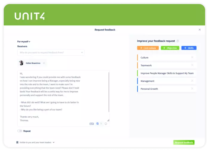 Example for a feedback request form in Unit4 Talent Management