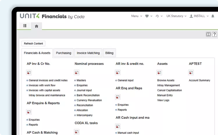 Beispielhafter Screenshot für das Unit4-Produkt – Unit4 Financials by Coda