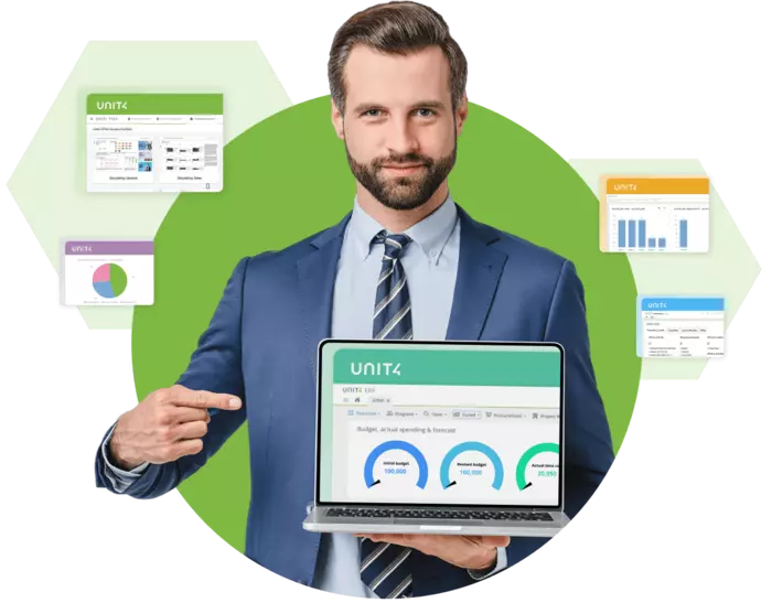 Man pointing to screenshots showing sample dashboards from Unit4's main products