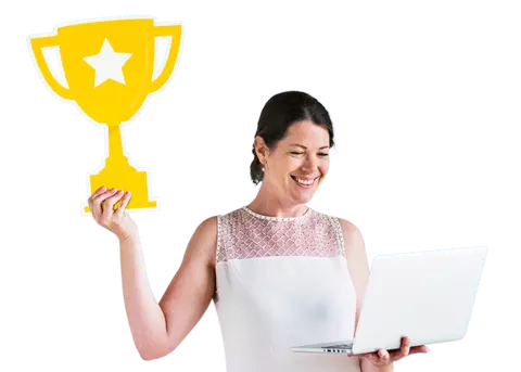 Smiling woman holding a laptop and an award