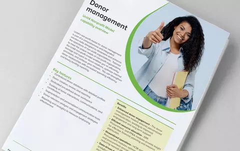 Forsidebilde for dataark om Unit4-programvare for donoradministrasjon for ideelle organisasjoner