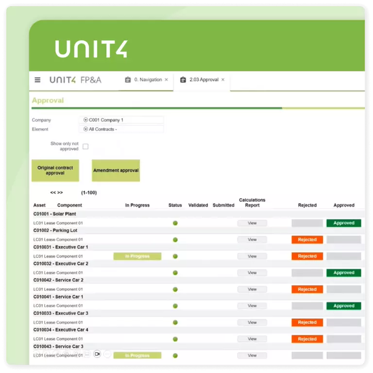 Example screen from this Unit4 solution - Unit4 FP&amp;A: IFRS 16 Lease Accounting module