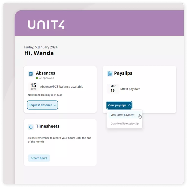 Example screen from this Unit4 solution - Unit4 HCM: Employee Self Service module