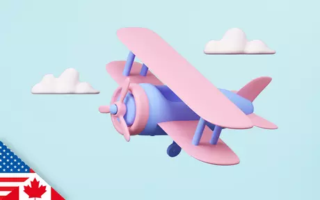 Illustration of a bi-wing aeroplane flying among clouds