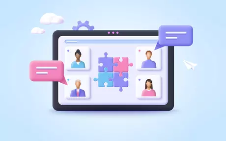 screen with profiles, speech bubbles, puzzle pieces, clouds, paper plane