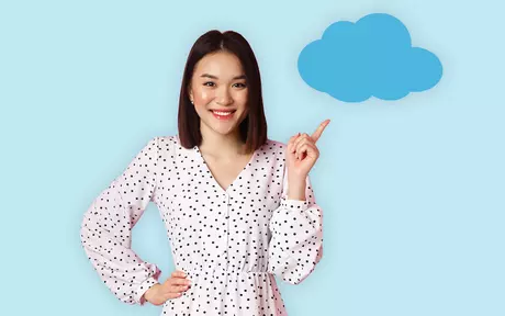 woman pointing to a blue cloud