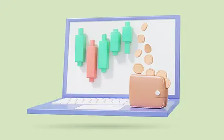 A colorful laptop with financial charts and a small wallet beside it. 
