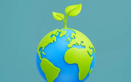 A colorful globe with green continents and a small plant growing from the top. 