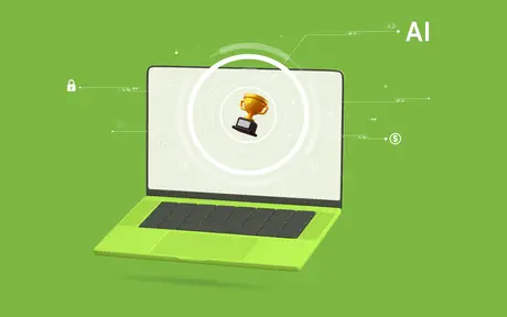 A green laptop displays a golden trophy icon with digital graphics and icons around it. 