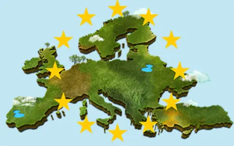 A colorful 3D map of Europe with green landscapes, lakes, and yellow stars around it. 