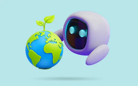 A futuristic robot with glowing blue eyes hovers beside a stylized globe featuring bright yellow continents on a blue ocean. 