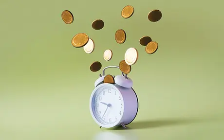Coins floating above a classic alarm clock against a soft green background.