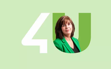 woman in green jacket inside the unit4 logo in green background
